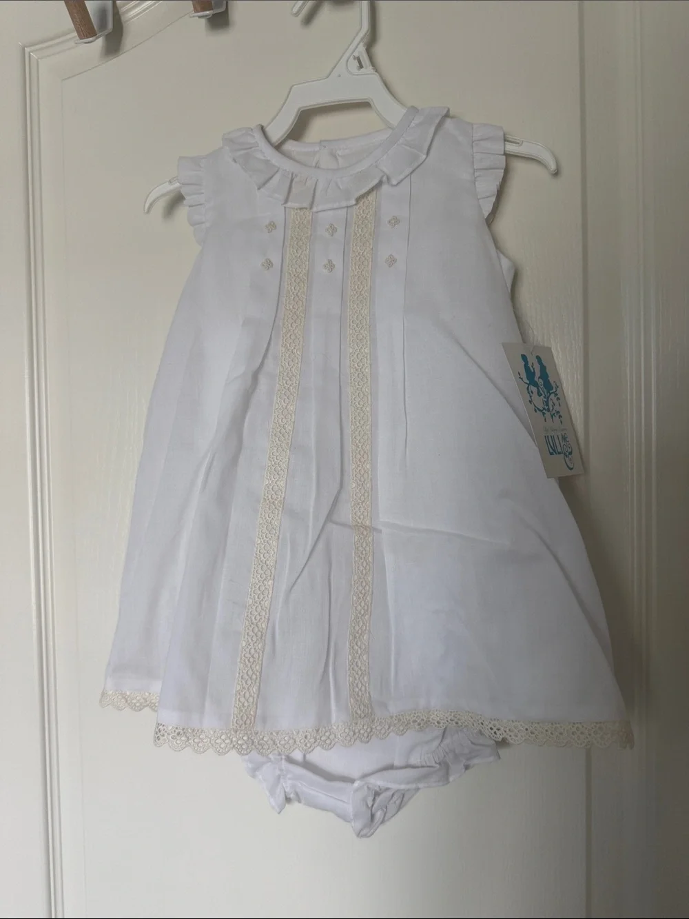 Luli & Me White Dress Set with Cream Trim Hand Embroidered